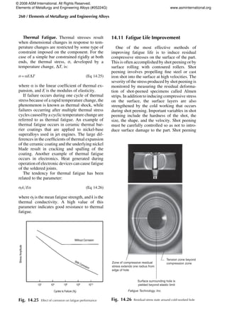 Thermal Fatigue. Thermal stresses result
when dimensional changes in response to tem-
perature changes are restricted by some type of
constraint imposed on the component. For the
case of a simple bar constrained rigidly at both
ends, the thermal stress, s, developed by a
temperature change, DT, is:
s=aEDT (Eq 14.25)
where a is the linear coefficient of thermal ex-
pansion, and E is the modulus of elasticity.
If failure occurs during one cycle of thermal
stress because of a rapid temperature change, the
phenomenon is known as thermal shock, while
failures occurring after multiple thermal stress
cycles caused by a cyclic temperature change are
referred to as thermal fatigue. An example of
thermal fatigue occurs in ceramic thermal bar-
rier coatings that are applied to nickel-base
superalloys used in jet engines. The large dif-
ferences in the coefficients of thermal expansion
of the ceramic coating and the underlying nickel
blade result in cracking and spalling of the
coating. Another example of thermal fatigue
occurs in electronics. Heat generated during
operation of electronic devices can cause fatigue
of the soldered joints.
The tendency for thermal fatigue has been
related to the parameter:
sfk=Ea (Eq 14.26)
where sf is the mean fatigue strength, and k is the
thermal conductivity. A high value of this
parameter indicates good resistance to thermal
fatigue.
14.11 Fatigue Life Improvement
One of the most effective methods of
improving fatigue life is to induce residual
compressive stresses on the surface of the part.
This is often accomplished by shot peening or by
surface rolling with contoured rollers. Shot
peening involves propelling fine steel or cast
iron shot into the surface at high velocities. The
severity of the stress produced by shot peening is
monitored by measuring the residual deforma-
tion of shot-peened specimens called Almen
strips. In addition to inducing compressive stress
on the surface, the surface layers are also
strengthened by the cold working that occurs
during shot peening. Important variables in shot
peening include the hardness of the shot, the
size, the shape, and the velocity. Shot peening
must be carefully controlled so as not to intro-
duce surface damage to the part. Shot peening
Fig. 14.25 Effect of corrosion on fatigue performance
Fatigue Technology, Inc.
Zone of compressive residual
stress extends one radius from
edge of hole
Surface surrounding hole is
yielded beyond elastic limit
Tension zone beyond
compression zone
Fig. 14.26 Residual-stress state around cold-worked hole
260 / Elements of Metallurgy and Engineering Alloys
© 2008 ASM International. All Rights Reserved.
Elements of Metallurgy and Engineering Alloys (#05224G) www.asminternational.org
 