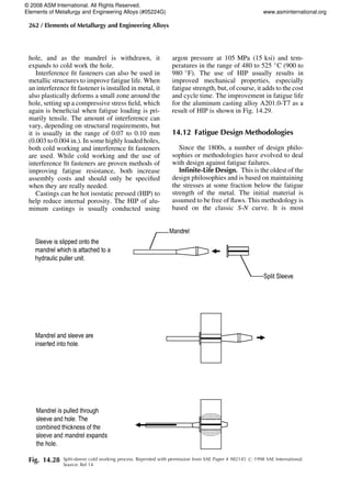 hole, and as the mandrel is withdrawn, it
expands to cold work the hole.
Interference fit fasteners can also be used in
metallic structures to improve fatigue life. When
an interference fit fastener is installed in metal, it
also plastically deforms a small zone around the
hole, setting up a compressive stress field, which
again is beneficial when fatigue loading is pri-
marily tensile. The amount of interference can
vary, depending on structural requirements, but
it is usually in the range of 0.07 to 0.10 mm
(0.003 to 0.004 in.). In some highly loaded holes,
both cold working and interference fit fasteners
are used. While cold working and the use of
interference fit fasteners are proven methods of
improving fatigue resistance, both increase
assembly costs and should only be specified
when they are really needed.
Castings can be hot isostatic pressed (HIP) to
help reduce internal porosity. The HIP of alu-
minum castings is usually conducted using
argon pressure at 105 MPa (15 ksi) and tem-
peratures in the range of 480 to 525 C (900 to
980 F). The use of HIP usually results in
improved mechanical properties, especially
fatigue strength, but, of course, it adds to the cost
and cycle time. The improvement in fatigue life
for the aluminum casting alloy A201.0-T7 as a
result of HIP is shown in Fig. 14.29.
14.12 Fatigue Design Methodologies
Since the 1800s, a number of design philo-
sophies or methodologies have evolved to deal
with design against fatigue failures.
Infinite-Life Design. This is the oldest of the
design philosophies and is based on maintaining
the stresses at some fraction below the fatigue
strength of the metal. The initial material is
assumed to be free of flaws. This methodology is
based on the classic S-N curve. It is most
Fig. 14.28 Split-sleeve cold working process. Reprinted with permission from SAE Paper # 982145 # 1998 SAE International.
Source: Ref 14
262 / Elements of Metallurgy and Engineering Alloys
© 2008 ASM International. All Rights Reserved.
Elements of Metallurgy and Engineering Alloys (#05224G) www.asminternational.org
 