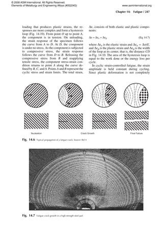 loading that produces plastic strains, the re-
sponses are more complex and form a hysteresis
loop (Fig. 14.10). From point O up to point A,
the component is in tension. On unloading,
the strain response of the specimen follows
the curve from A to D. At D, the component
is under no stress. As the component is subjected
to compressive stress, the strain response
follows the curve from D to B. Releasing the
compressive stress from B and reapplying
tensile stress, the component stress-strain con-
dition returns to point A along the curve de-
fined by B, C, and A. Points A and B represent the
cyclic stress and strain limits. The total strain,
De, consists of both elastic and plastic compo-
nents:
De=Dee+Dep (Eq 14.7)
where Dee is the elastic strain and Dee = Ds/E,
and Dep is the plastic strain and Dep is the width
of the loop at its center, that is, the distance CD
in Fig. 14.10. The area of the hysteresis loop is
equal to the work done or the energy loss per
cycle.
In cyclic strain-controlled fatigue, the strain
amplitude is held constant during cycling.
Since plastic deformation is not completely
Nucleation Crack Growth Final Failure
Fig. 14.6 Typical propagation of a fatigue crack. Source: Ref 4
Fig. 14.7 Fatigue crack growth in a high-strength steel part
Chapter 14: Fatigue / 247
© 2008 ASM International. All Rights Reserved.
Elements of Metallurgy and Engineering Alloys (#05224G) www.asminternational.org
 