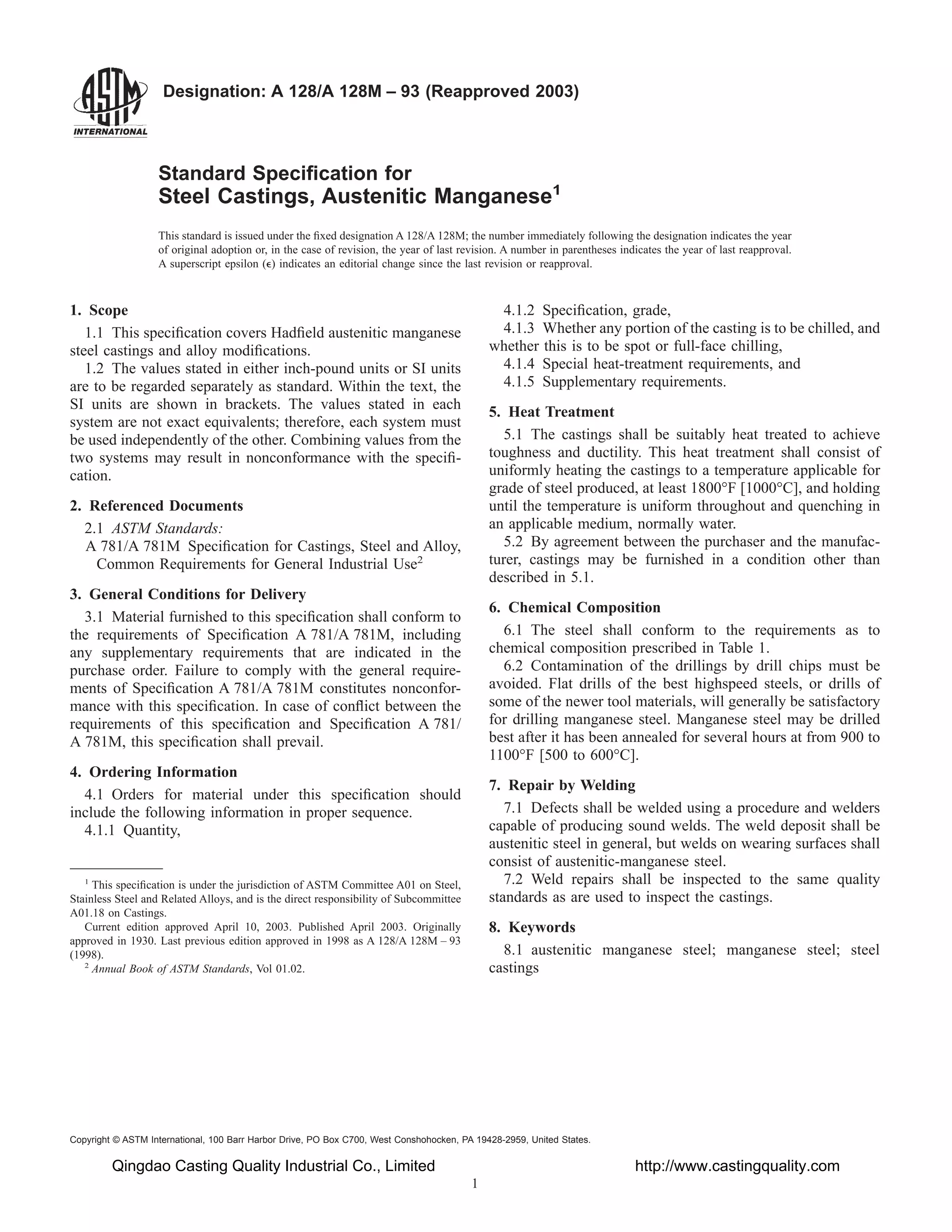 Astm a128a-128m-93-reapproved-2003 | PDF