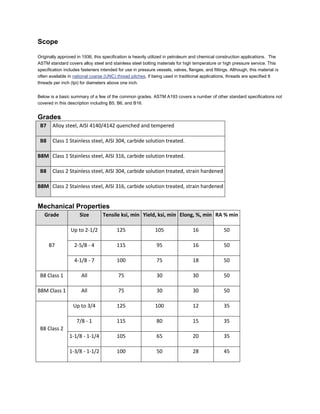 Scope Originally approved in 1936, this specification is heavily utilized in petroleum and chemical construction applications. The ASTM standard covers alloy steel and stainless steel bolting materials for high temperature or high pressure service. This specification includes fasteners intended for use in pressure vessels, valves, flanges, and fittings. Although, this material is often available in national coarse (UNC) thread pitches, if being used in traditional applications, threads are specified 8 threads per inch (tpi) for diameters above one inch. Below is a basic summary of a few of the common grades. ASTM A193 covers a number of other standard specifications not covered in this description including B5, B6, and B16. Grades B7 
Alloy steel, AISI 4140/4142 quenched and tempered B8 
Class 1 Stainless steel, AISI 304, carbide solution treated. B8M 
Class 1 Stainless steel, AISI 316, carbide solution treated. B8 
Class 2 Stainless steel, AISI 304, carbide solution treated, strain hardened B8M 
Class 2 Stainless steel, AISI 316, carbide solution treated, strain hardened Mechanical Properties Grade Size Tensile ksi, min Yield, ksi, min Elong, %, min RA % min 
B7 
Up to 2-1/2 
125 
105 
16 
50 
2-5/8 - 4 
115 
95 
16 
50 
4-1/8 - 7 
100 
75 
18 
50 
B8 Class 1 
All 
75 
30 
30 
50 
B8M Class 1 
All 
75 
30 
30 
50 
B8 Class 2 
Up to 3/4 
125 
100 
12 
35 
7/8 - 1 
115 
80 
15 
35 
1-1/8 - 1-1/4 
105 
65 
20 
35 
1-3/8 - 1-1/2 
100 
50 
28 
45  