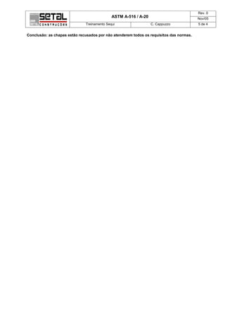 Rev. 0
                                             ASTM A-516 / A-20                           Nov/05
                              Treinamento Sequi                  C. Cappuzzo             5 de 4


Conclusão: as chapas estão recusados por não atenderem todos os requisitos das normas.
 