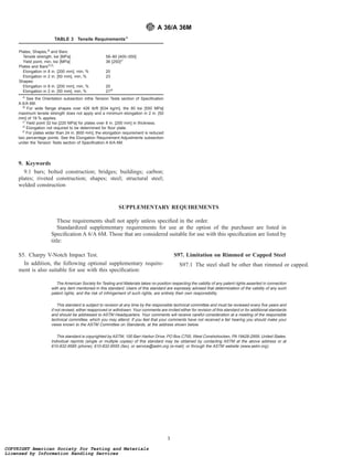 9. Keywords
9.1 bars; bolted construction; bridges; buildings; carbon;
plates; riveted construction; shapes; steel; structural steel;
welded construction
SUPPLEMENTARY REQUIREMENTS
These requirements shall not apply unless speciﬁed in the order.
Standardized supplementary requirements for use at the option of the purchaser are listed in
Speciﬁcation A 6/A 6M. Those that are considered suitable for use with this speciﬁcation are listed by
title:
S5. Charpy V-Notch Impact Test.
In addition, the following optional supplementary require-
ment is also suitable for use with this speciﬁcation:
S97. Limitation on Rimmed or Capped Steel
S97.1 The steel shall be other than rimmed or capped.
The American Society for Testing and Materials takes no position respecting the validity of any patent rights asserted in connection
with any item mentioned in this standard. Users of this standard are expressly advised that determination of the validity of any such
patent rights, and the risk of infringement of such rights, are entirely their own responsibility.
This standard is subject to revision at any time by the responsible technical committee and must be reviewed every ﬁve years and
if not revised, either reapproved or withdrawn. Your comments are invited either for revision of this standard or for additional standards
and should be addressed to ASTM Headquarters. Your comments will receive careful consideration at a meeting of the responsible
technical committee, which you may attend. If you feel that your comments have not received a fair hearing you should make your
views known to the ASTM Committee on Standards, at the address shown below.
This standard is copyrighted by ASTM, 100 Barr Harbor Drive, PO Box C700, West Conshohocken, PA 19428-2959, United States.
Individual reprints (single or multiple copies) of this standard may be obtained by contacting ASTM at the above address or at
610-832-9585 (phone), 610-832-9555 (fax), or service@astm.org (e-mail); or through the ASTM website (www.astm.org).
TABLE 3 Tensile RequirementsA
Plates, Shapes,B
and Bars:
Tensile strength, ksi [MPa] 58–80 [400–550]
Yield point, min, ksi [MPa] 36 [250]C
Plates and BarsD,E
:
Elongation in 8 in. [200 mm], min, % 20
Elongation in 2 in. [50 mm], min, % 23
Shapes:
Elongation in 8 in. [200 mm], min, % 20
Elongation in 2 in. [50 mm], min, % 21B
A
See the Orientation subsection inthe Tension Tests section of Speciﬁcation
A 6/A 6M.
B
For wide ﬂange shapes over 426 lb/ft [634 kg/m], the 80 ksi [550 MPa]
maximum tensile strength does not apply and a minimum elongation in 2 in. [50
mm] of 19 % applies.
C
Yield point 32 ksi [220 MPa] for plates over 8 in. [200 mm] in thickness.
D
Elongation not required to be determined for ﬂoor plate.
E
For plates wider than 24 in. [600 mm], the elongation requirement is reduced
two percentage points. See the Elongation Requirement Adjustments subsection
under the Tension Tests section of Speciﬁcation A 6/A 6M.
A 36/A 36M
3
COPYRIGHT American Society for Testing and Materials
Licensed by Information Handling Services
COPYRIGHT American Society for Testing and Materials
Licensed by Information Handling Services
 