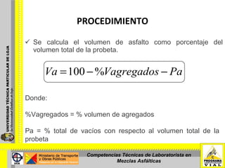 PROCEDIMIENTO   Se calcula el volumen de asfalto como porcentaje del volumen total de la probeta.       Donde:   %Vagregados = % volumen de agregados   Pa = % total de vacíos con respecto al volumen total de la probeta     Competencias Técnicas de Laboratorista en Mezclas Asfálticas 