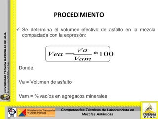 PROCEDIMIENTO Se determina el volumen efectivo de asfalto en la mezcla compactada con la expresión:       Donde: Va = Volumen de asfalto Vam = % vacíos en agregados minerales Competencias Técnicas de Laboratorista en Mezclas Asfálticas 