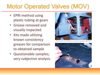 Motor Operated Valves (MOV)
• EPRI method using
plastic tubing at gears
• Grease removed and
visually inspected
• Kits made utilizing
known consistency
greases for comparison
to obtained sample
• Questionable samples;
very subjective analysis
Photos: Bolt, et. al. Machinery Lubrication Magazine. May 2003
 
