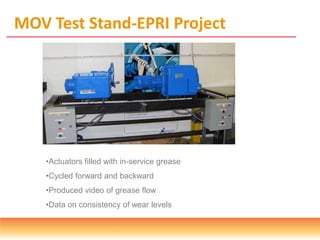 MOV Test Stand-EPRI Project
•Actuators filled with in-service grease
•Cycled forward and backward
•Produced video of grease flow
•Data on consistency of wear levels
 