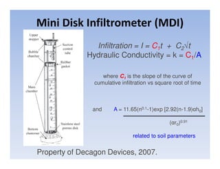 Mini Disk Infiltrometer (MDI)
                Infiltration = I = C1t + C2√t
              Hydraulic Conductivity = k = C1/A

                   where C1 is the slope of the curve of
                cumulative infiltration vs square root of time



               and      A = 11.65(n0.1-1)exp [2.92(n-1.9)αh0]

                                                (αr0)0.91

                                related to soil parameters


Property of Decagon Devices, 2007.
 