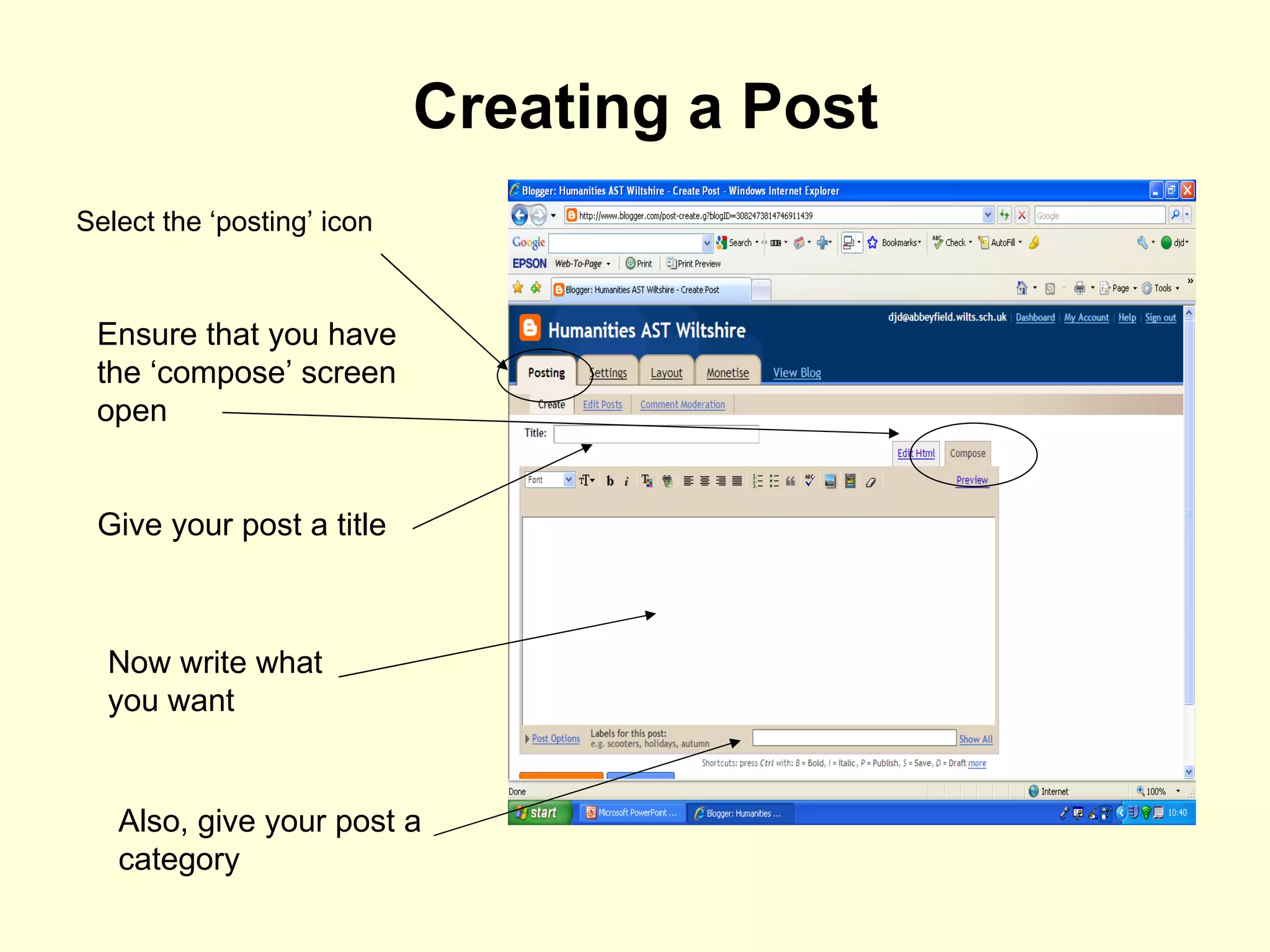 Creating a Post Select the ‘posting’ icon Ensure that you have the ‘compose’ screen open Give your post a title Now write what you want Also, give your post a category 