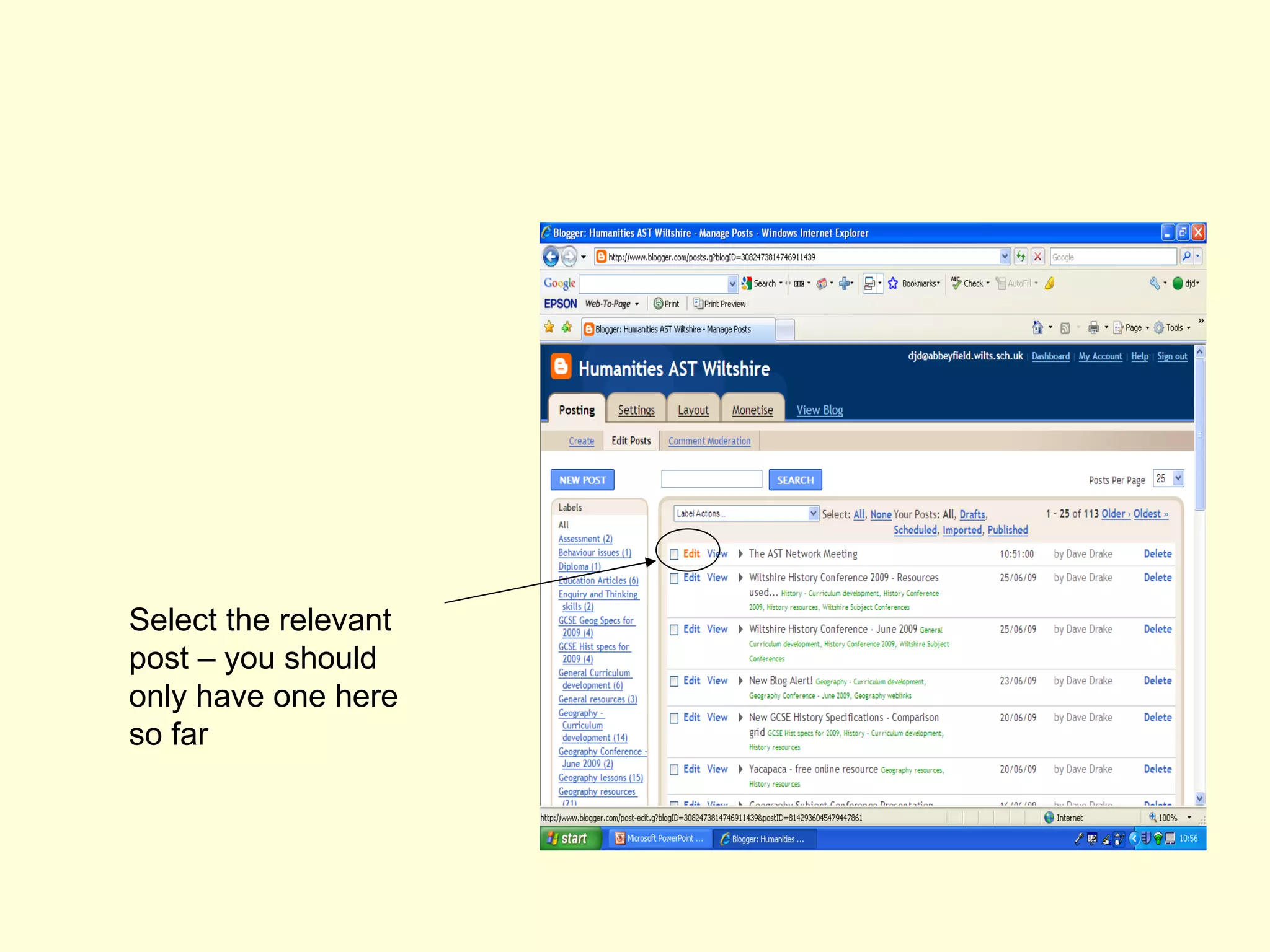 Select the relevant post – you should only have one here so far 