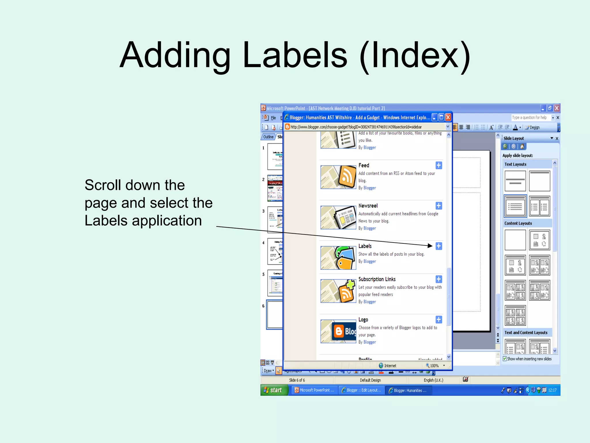 Adding Labels (Index) Scroll down the page and select the Labels application