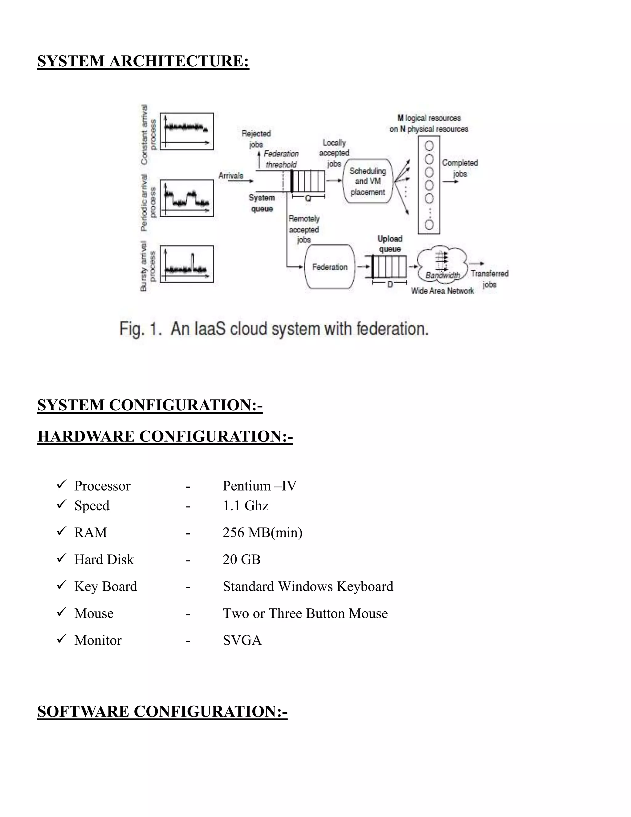 SYSTEM ARCHITECTURE:
SYSTEM CONFIGURATION:-
HARDWARE CONFIGURATION:-
 Processor - Pentium –IV
 Speed - 1.1 Ghz
 RAM - 256 MB(min)
 Hard Disk - 20 GB
 Key Board - Standard Windows Keyboard
 Mouse - Two or Three Button Mouse
 Monitor - SVGA
SOFTWARE CONFIGURATION:-
 