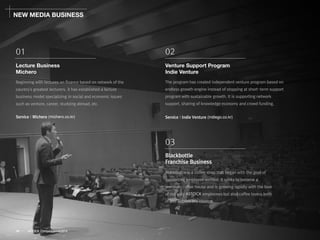 01 
Lecture Business 
Michero 
Beginning with lectures on finance based on network of the country's greatest lecturers, it has established a lecture business model specializing in social and economic issues such as venture, career, studying abroad, etc. 
02 
Venture Support Program 
Indie Venture 
The program has created independent venture program based on endless growth engine instead of stopping at short-term support program with sustainable growth. It is supporting network support, sharing of knowledge economy and crowd funding. 
03 
Blackbottle 
Franchise Business 
Blackbottle is a coffee shop that began with the goal of supporting employee welfare. It seeks to become a premium coffee house and is growing rapidly with the love of not only ASTOCKemployees but also coffee lovers both in and outside the country. 
Service: Michero(michero.co.kr) 
Service: Indie Venture(indiego.co.kr) 
NEW MEDIA BUSINESS 
19 ASTOCK Company profile 2014  