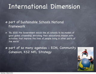 International Dimension

              part of Sustainable Schools National
              Framework
              ‘By 2020...