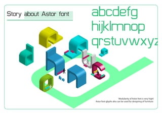abcdefg
hijklmnop
qrstuvwxyz
Modularity of Astor font is very high!
Astor font glyphs also can be used for designing of furniture.
Story about Astor font
 