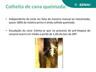 Colheita de cana queimada:
• Independente do corte ser feito de maneira manual ou mecanizado,
quase 100% da matéria prima é ainda colhida queimada.
• Exsudação da cana: Estima-se que no processo de pré-limpeza do
canavial ocorre em média a perda de 1,3% do teor de ART.
 