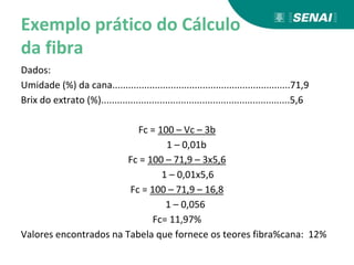 Exemplo prático do Cálculo
da fibra
Dados:
Umidade (%) da cana...................................................................71,9
Brix do extrato (%).......................................................................5,6
Fc = 100 – Vc – 3b
1 – 0,01b
Fc = 100 – 71,9 – 3x5,6
1 – 0,01x5,6
Fc = 100 – 71,9 – 16,8
1 – 0,056
Fc= 11,97%
Valores encontrados na Tabela que fornece os teores fibra%cana: 12%
 