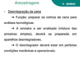 - Desintegração da cana
➔ Função: preparar os colmos de cana para
análises tecnológicas.
➔ A amostra a ser analisada (mistura das
amostras simples), deverá se preparada em
aparelhos desintegradores.
➔ O desintegrador deverá estar em perfeitas
condições mecânicas e operacionais.
Amostragem
 
