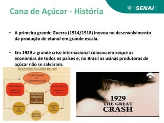 Cana de Açúcar - História
• A primeira grande Guerra (1914/1918) inovou no desenvolvimento
da produção de etanol em grande escala.
• Em 1929 a grande crise internacional colocou em xeque as
economias de todos os países e, no Brasil as usinas produtoras de
açúcar não se salvaram.
 
