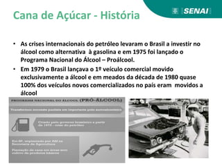 Cana de Açúcar - História
• As crises internacionais do petróleo levaram o Brasil a investir no
álcool como alternativa à gasolina e em 1975 foi lançado o
Programa Nacional do Álcool – Proálcool.
• Em 1979 o Brasil lançava o 1º veículo comercial movido
exclusivamente a álcool e em meados da década de 1980 quase
100% dos veículos novos comercializados no país eram movidos a
álcool
 