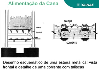 Desenho esquemático de uma esteira metálica: vista
frontal e detalhe de uma corrente com taliscas
Alimentação da Cana
 