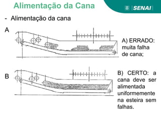 - Alimentação da cana
A
B
B) CERTO: a
cana deve ser
alimentada
uniformemente
na esteira sem
falhas.
Alimentação da Cana
A) ERRADO:
muita falha
de cana;
 