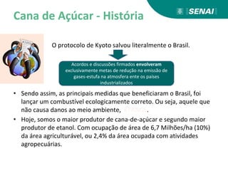 Cana de Açúcar - História
• O protocolo de Kyoto salvou literalmente o Brasil.
• Sendo assim, as principais medidas que beneficiaram o Brasil, foi
lançar um combustível ecologicamente correto. Ou seja, aquele que
não causa danos ao meio ambiente, ETANOL.
• Hoje, somos o maior produtor de cana-de-açúcar e segundo maior
produtor de etanol. Com ocupação de área de 6,7 Milhões/ha (10%)
da área agriculturável, ou 2,4% da área ocupada com atividades
agropecuárias.
Acordos e discussões firmados envolveram
exclusivamente metas de redução na emissão de
gases-estufa na atmosfera ente os países
industrializados
 