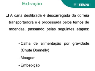 ❑ A cana desfibrada é descarregada da correia
transportadora e é processada pelos ternos de
moendas, passando pelas seguintes etapas:
- Calha de alimentação por gravidade
(Chute Donnelly)
- Moagem
- Embebição
Extração
 