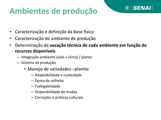 Ambientes de produção
• Caracterização e definição da base física
• Caracterização do ambiente de produção
• Determinação da vocação técnica de cada ambiente em função de
recursos disponíveis
– Integração ambiente (solo + clima) / planta
– Sistema de produção
• Manejo de variedades –plantio
– Adaptabilidade e rusticidade
– Época da colheita
– Trafegabilidade
– Disponibilidade de mudas
– Correções e práticas culturais
 