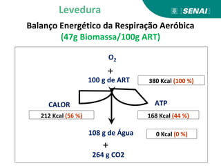 ATP
CALOR
108 g de Água
168 Kcal (44 %)
212 Kcal (56 %)
0 Kcal (0 %)
+
264 g CO2
100 g de ART 380 Kcal (100 %)
O2
+
Balanço Energético da Respiração Aeróbica
(47g Biomassa/100g ART)
Levedura
 