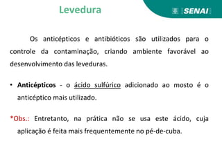 Os anticépticos e antibióticos são utilizados para o
controle da contaminação, criando ambiente favorável ao
desenvolvimento das leveduras.
• Anticépticos - o ácido sulfúrico adicionado ao mosto é o
anticéptico mais utilizado.
*Obs.: Entretanto, na prática não se usa este ácido, cuja
aplicação é feita mais frequentemente no pé-de-cuba.
Levedura
 