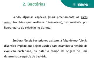 Sendo algumas espécies (mais precisamente as algas
azuis, bactérias que realizam fotossíntese), responsáveis por
liberar parte do oxigênio no planeta.
Embora fósseis bacterianos existam, a falta de morfologia
distintiva impede que sejam usados para examinar a história da
evolução bacteriana, ou datar o tempo de origem de uma
determinada espécie de bactéria.
2. Bactérias
 