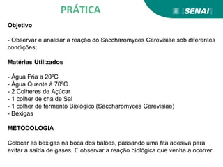 PRÁTICA
Objetivo
- Observar e analisar a reação do Saccharomyces Cerevisiae sob diferentes
condições;
Matérias Utilizados
- Água Fria a 20ºC
- Água Quente à 70ºC
- 2 Colheres de Açúcar
- 1 colher de chá de Sal
- 1 colher de fermento Biológico (Saccharomyces Cerevisiae)
- Bexigas
METODOLOGIA
Colocar as bexigas na boca dos balões, passando uma fita adesiva para
evitar a saída de gases. E observar a reação biológica que venha a ocorrer.
 