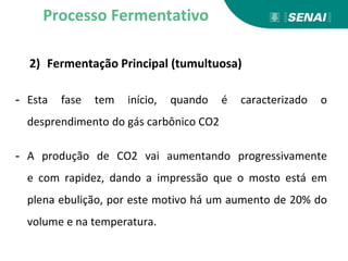 2) Fermentação Principal (tumultuosa)
- Esta fase tem início, quando é caracterizado o
desprendimento do gás carbônico CO2
- A produção de CO2 vai aumentando progressivamente
e com rapidez, dando a impressão que o mosto está em
plena ebulição, por este motivo há um aumento de 20% do
volume e na temperatura.
Processo Fermentativo
 