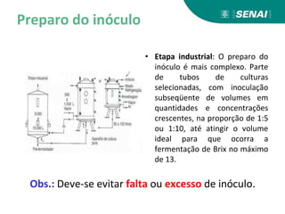 Preparo do inóculo
• Etapa industrial: O preparo do
inóculo é mais complexo. Parte
de tubos de culturas
selecionadas, com inoculação
subseqüente de volumes em
quantidades e concentrações
crescentes, na proporção de 1:5
ou 1:10, até atingir o volume
ideal para que ocorra a
fermentação de Brix no máximo
de 13.
Obs.: Deve-se evitar falta ou excesso de inóculo.
 