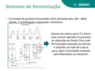 Sistemas de fermentação
• O restante do produto fermentado vinho delevedurado, (90 – 80%)
obtido, é centrifugado e destinado a Destilaria.
Sistema de cultura pura: É a forma
mais comum aplicada no processo
de obtenção de Etanol. Para cada
fermentação realizada nas Dornas
é utilizado um tubo de cultura
pura, após a inoculação realizada
pelo laboratório ou industrial.
 