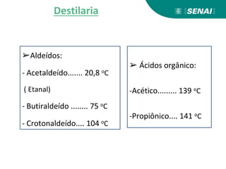 ➢Aldeídos:
- Acetaldeído....... 20,8 oC
( Etanal)
- Butiraldeído ........ 75 oC
- Crotonaldeído.... 104 oC
➢ Ácidos orgânico:
-Acético......... 139 oC
-Propiônico.... 141 oC
Destilaria
 