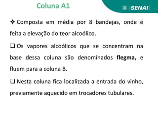 ❖ Composta em média por 8 bandejas, onde é
feita a elevação do teor alcoólico.
❑ Os vapores alcoólicos que se concentram na
base dessa coluna são denominados flegma, e
fluem para a coluna B.
❑ Nesta coluna fica localizada a entrada do vinho,
previamente aquecido em trocadores tubulares.
Coluna A1
 
