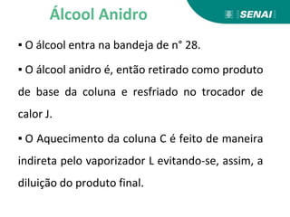 ▪ O álcool entra na bandeja de n° 28.
▪ O álcool anidro é, então retirado como produto
de base da coluna e resfriado no trocador de
calor J.
▪ O Aquecimento da coluna C é feito de maneira
indireta pelo vaporizador L evitando-se, assim, a
diluição do produto final.
Álcool Anidro
 