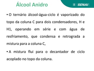 ▪ O ternário álcool-água-ciclo é vaporizado do
topo da coluna C para dois condensadores, H e
H1, operando em série e com água de
resfriamento, que condensa e retrograda a
mistura para a coluna C,
▪ A mistura flui para o decantador de ciclo
acoplado no topo da coluna.
Álcool Anidro
 