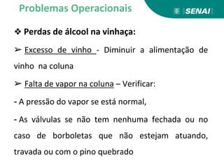 ❖ Perdas de álcool na vinhaça:
➢ Excesso de vinho - Diminuir a alimentação de
vinho na coluna
➢ Falta de vapor na coluna – Verificar:
- A pressão do vapor se está normal,
- As válvulas se não tem nenhuma fechada ou no
caso de borboletas que não estejam atuando,
travada ou com o pino quebrado
Problemas Operacionais
 