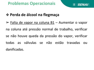 ❖ Perda de álcool na flegmaça
➢ Falta de vapor na coluna B1 – Aumentar o vapor
na coluna até pressão normal de trabalho, verificar
se não houve queda da pressão do vapor, verificar
todas as válvulas se não estão travadas ou
danificadas.
Problemas Operacionais
 