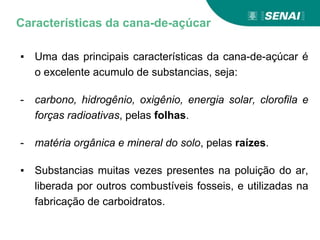 ▪ Uma das principais características da cana-de-açúcar é
o excelente acumulo de substancias, seja:
- carbono, hidrogênio, oxigênio, energia solar, clorofila e
forças radioativas, pelas folhas.
- matéria orgânica e mineral do solo, pelas raízes.
▪ Substancias muitas vezes presentes na poluição do ar,
liberada por outros combustíveis fosseis, e utilizadas na
fabricação de carboidratos.
Características da cana-de-açúcar
 
