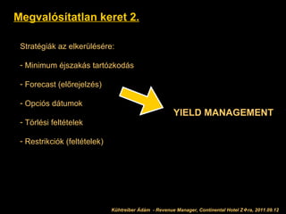 Megvalósítatlan keret 2. Stratégiák az elkerülésére: Minimum éjszakás tartózkodás Forecast (előrejelzés) Opciós dátumok Törlési feltételek Restrikciók (feltételek) YIELD MANAGEMENT Kühtreiber Ádám 2011.09.12 Kühtreiber Ádám  - Revenue Manager, Continental Hotel Z  ra, 2011.09.12 