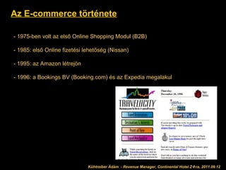 Az E-commerce története - 1975-ben volt az első Online Shopping Modul (B2B) - 1985: első Online fizetési lehetőség (Nissan) - 1995: az Amazon létrejön - 1996: a Bookings BV (Booking.com) és az Expedia megalakul Kühtreiber Ádám 2011.09.12 Kühtreiber Ádám  - Revenue Manager, Continental Hotel Z  ra, 2011.09.12 