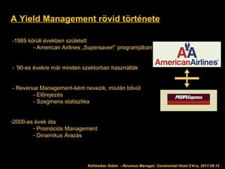 A Yield Management rövid története -1985 körüli években született  - American Airlines „Supersaver!” programjában - ’90-es évekre már minden szektorban használták - Revenue Management-ként nevezik, miután bővül - Előrejezés - Szegmens statisztika 2000-es évek óta Promóciós Management Dinamikus Árazás Kühtreiber Ádám  - Revenue Manager, Continental Hotel Z  ra, 2011.09.12 