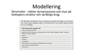 Modellering
Skrivmallar - stöttar skrivprocessen och visar på
texttypens struktur och språkliga drag:
 