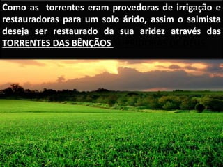 Como as torrentes eram provedoras de irrigação e
restauradoras para um solo árido, assim o salmista
deseja ser restaurado da sua aridez através das
TORRENTES DAS BÊNÇÃOS SUPRIDORAS DE DEUS.
 