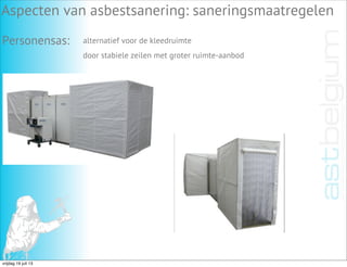 Aspecten van asbestsanering: saneringsmaatregelen
Personensas: alternatief voor de kleedruimte
door stabiele zeilen met groter ruimte-aanbod
vrijdag 19 juli 13
 
