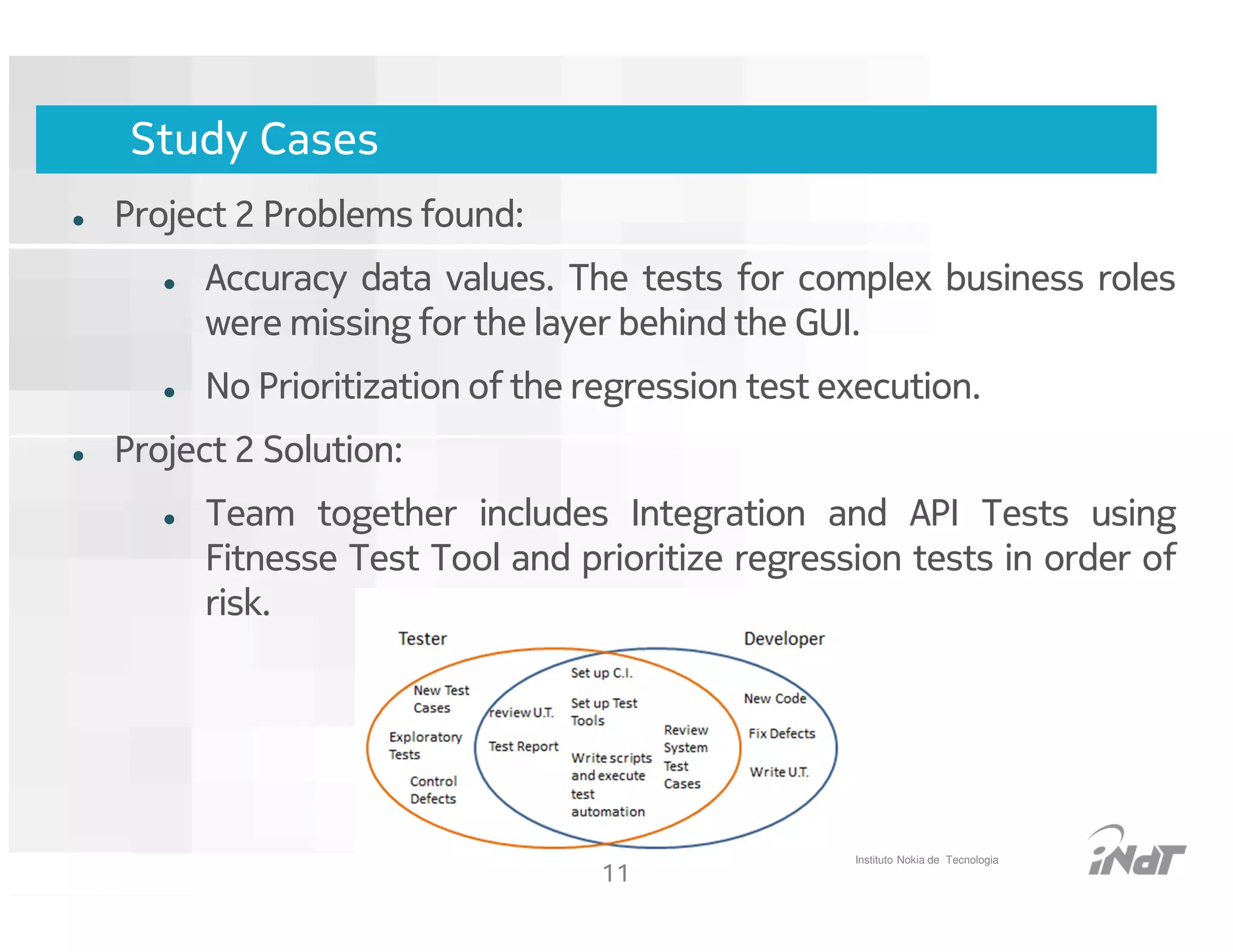 Study Cases
Project 2 Problems found:
     Accuracy data values. The tests for complex business roles
     were missing for the layer behind the GUI.
     No Prioritization of the regression test execution.
Project 2 Solution:
     Team together includes Integration and API Tests using
     Fitnesse Test Tool and prioritize regression tests in order of
     risk.




                                                      Instituto Nokia de Tecnologia
                                      11
                            Nokia Internal Use Only
 